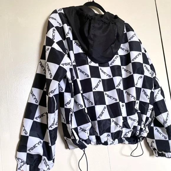 Forever 21 Black White Checkered Tokyo Hooded Windbreaker - Picture 3 of 7